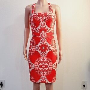 Lovely Adrianna Papell Orange White Damask Scuba Dress Women's Size: 6